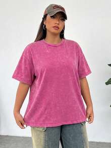 Solflare Plus Size Acid Washed Look Vintage Knitted Distressed Loose Fit Short Sleeve T-Shirt, Rose Red - Hot Pink - View 4