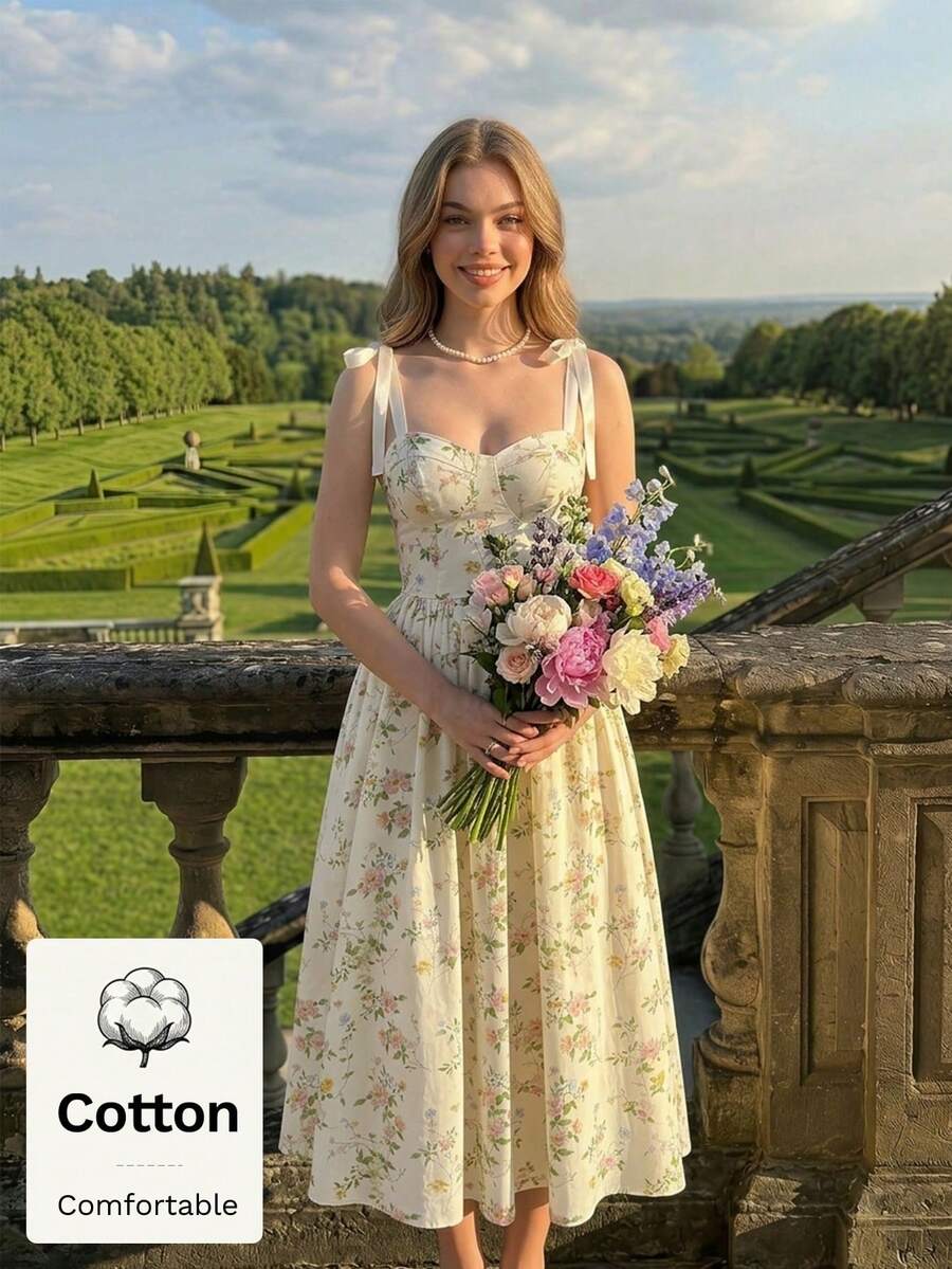 SHEIN MOD 女士棉质浪漫印花肩带系腰连衣裙，夏季女装长裙，时尚连衣裙，碎花连衣裙 - 彩色 - 查看 1