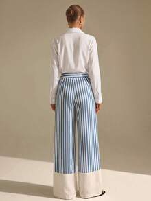 CLARA VERO High Waist Striped Wide Leg Pants Set, Relaxed Fit Elongates Legs Perfect For Beach Walks, City Strolls Or Casual Summer Days, Made In Non-Elastic Blue Stripe 100% Polyester Linen-Look Fabric For Breezy Feel And Effortless Style - Multicolor - View 4