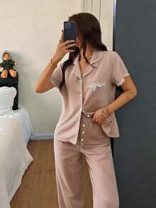 Napfluff Bubble Crinkle Striped Ruffle Front Women Pajama Set - Brown - View 5