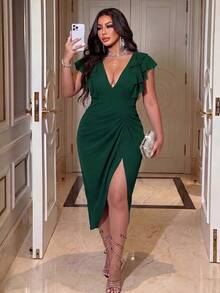NU&NOW Dark Green Winter Plus Size Women Summer Elegant Cocktail V-Neck Ruffle Sleeve Dress,Drawstring Pleated Side Slit  Slim Midi Dress  Party Night Out - Dark Green - View 4