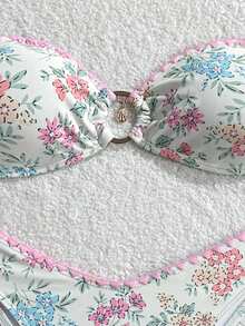 Swim Mod White Bust Metal Decor Shallow Bust Swimwear Top And V-Shape Triangle Bottoms 2 Pieces Set Golf Summer Sexy - Multicolor - View 5