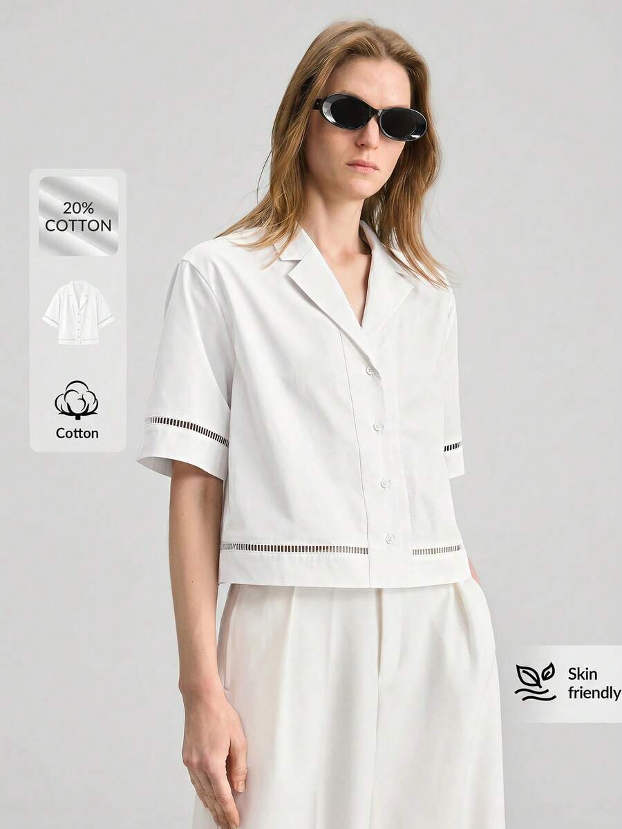 Ontre 2026春夏女士衬衫,舒适柔软梭织面料,翻领,短袖,纽扣设计,宽松版型,花卉拼接,镂空设计,现代都市时尚商务休闲OL上衣,春夏时尚,低调复古高端,都市通勤,高品质机场/邮轮穿搭,婚礼宾客装扮,优雅简约奢华感,百搭,季节性,节日装扮,休闲高端衬衫 - 白色 - 查看 1