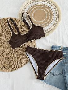 Bonvoyette Bộ bikini nữ kiểu retro 2 mảnh, màu nâu đậm có họa tiết, viền ren màu trắng ngà, áo tam giác dây bản rộng và quần cạp cao, phong cách nghỉ dưỡng bãi biển thời trang cho mùa xuân, lễ Phục sinh và kỳ nghỉ. - màu nâu - Xem 5