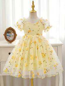 SHEIN Glamorique Kids 少女優雅迷人粉色可愛泡泡袖收腰奢華雙層刺繡網紗蓬蓬洋裝正式禮服 - 黃色 - 查看 3