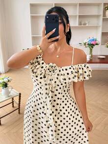 Modelyn Große Größen Polka Punkt Chiffon geschichtetes A-Linien Reißverschluss Volant Saum Casual Elegantes Kleid für Frauen - Aprikosenfarben - Übersicht 1