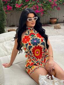SHEIN SXY Top halter con estampado de vacaciones estilo bohemio amarillo mostaza - Mostaza Amarilla - Ver 5