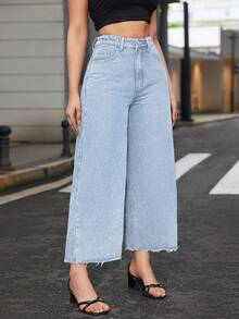SHEIN ICON Jeans rectos de talle elástico con dobladillo deshilachado en gris claro para mujer de talla grande - Gris - Ver 1