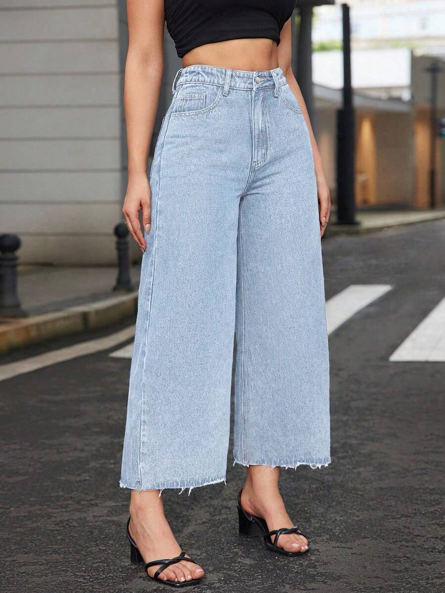SHEIN ICON Jeans rectos de talle elástico con dobladillo deshilachado en gris claro para mujer de talla grande - Gris - Ver 1