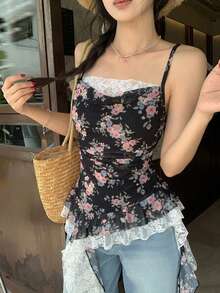 DAZY Women's French Floral Print Lace Patchwork Strap Camisole - Black - View 5