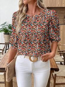 EMERY ROSE Women's Casual Commuter Printed Lantern Sleeve Shirt - Multicolor - View 6