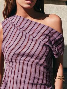 Nöista Diagonal Lilac Stripe One-Shoulder Top. Summer, Fall, Going Out, Resort, Party Style. - Multicolor - View 3