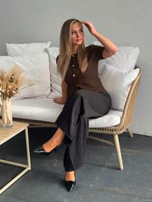 Jeta Ari Women's Solid Color Round Neck Front Button Casual Short Sleeve Thin Cardigan Brown Summer - Coffee Brown - View 6