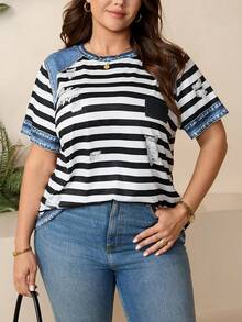 SHEIN LUNE Femmes grande taille T-shirt ample à manches courtes avec imprimé rayé en patchwork faux denim, pour l'été, les vacances et les déplacements quotidiens - Multicolore - Voir 4