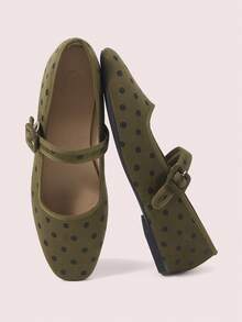 CUCCOO DOLLMOD Women's Shoes, Retro Dark Green Polka Dot Mary Jane Ballet Flats, Square Toe Suede Texture, With Adjustable Buckle Belt, Suitable For Work, Office, Leisure And Daily Wear - Army Green - View 1