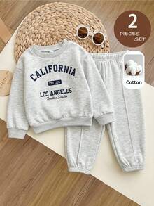 SHEIN LMoss Kids 2件套女婴针织纯色字母图案宽松圆领卫衣和打底裤套装 - 淺灰色 - 查看 4