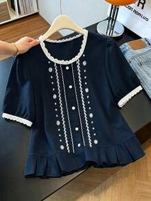 Franclia White Floral Embroidered Lightweight Summer Shirt, Fashionable Youthful Short Sleeve , Suitable For Daily, Vacation, And Casual Commute - Navy Blue - View 1