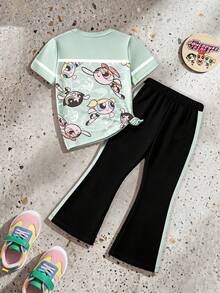 THE POWERPUFF GIRLS X SHEIN GraphicGems 青少年女孩卡通印花短袖T恤與喇叭褲休閒套裝 - 綠色 - 查看 2