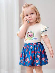 CoComelon X SHEIN Baby Girl Summer Casual Cartoon Pattern Ruffle T-Shirt And Watermelon Print Skirt Set - Apricot - View 5