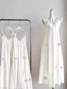 DreamSkyne Plus Size Chiffon Pleated Elegant 3D Floral V-Neck Camisole A-Line Dress - White - View 1