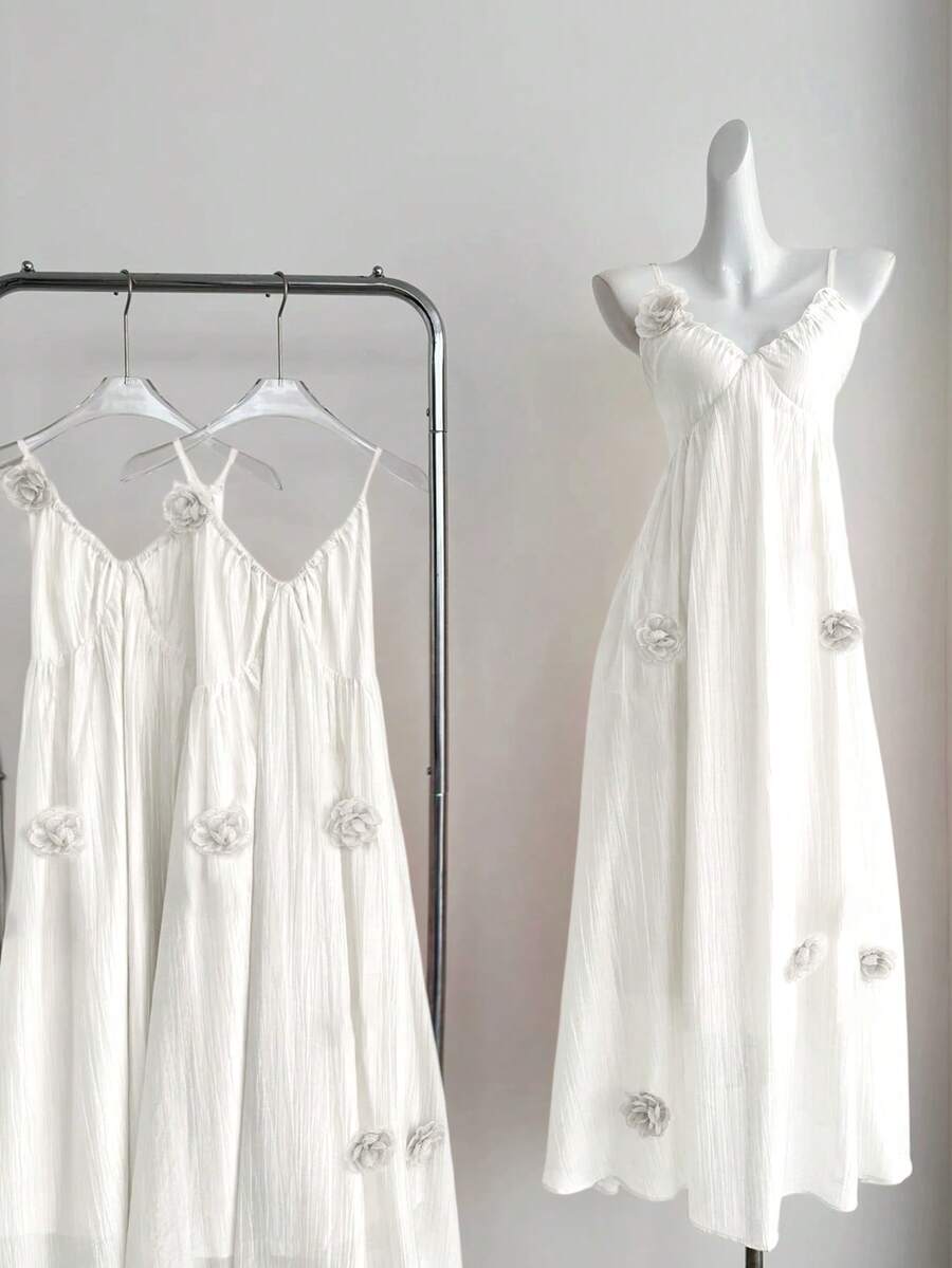 DreamSkyne Plus Size Chiffon Pleated Elegant 3D Floral V-Neck Camisole A-Line Dress - White - View 1