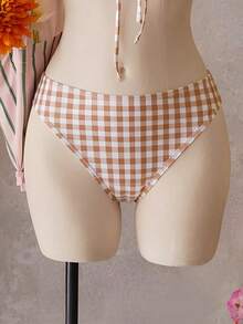 Swim Mod Set de 2 piezas Conjunto de playa para mujer, Ropa de playa de moda linda y sexy, Parte superior de corte halter con estampado aleatorio de rayas y cuadros, y Bottom de bikini con nudo delantero - Multicolor - Ver 6