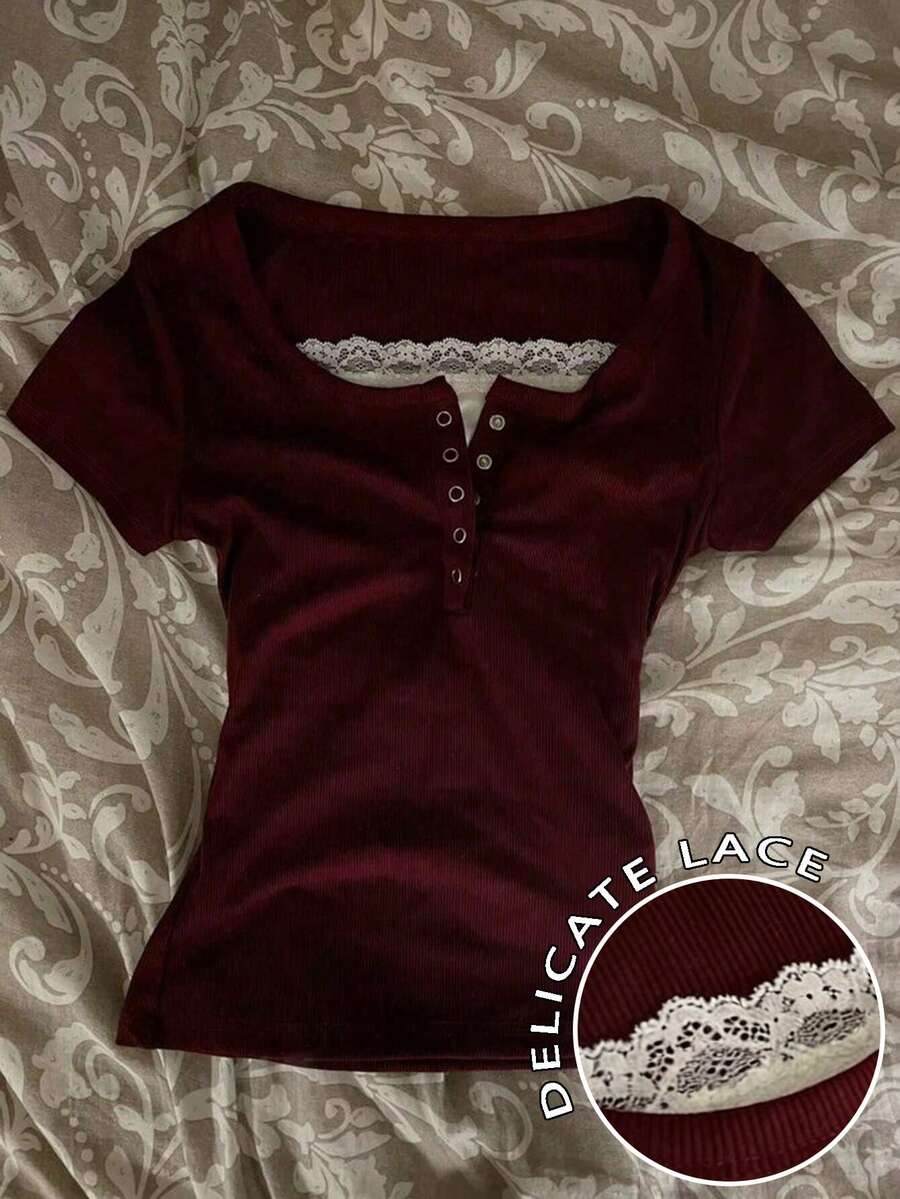 EMERY ROSE Women's Lace Trim Button Design Short Sleeve T-Shirt - Burgundy - View 1