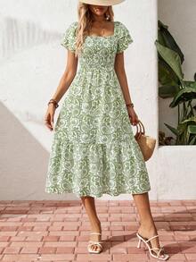 Breezaya Summer Floral Shirred Ruffle Hem Dress Maxi Vacation Beach Outfits Women - Green - View 4