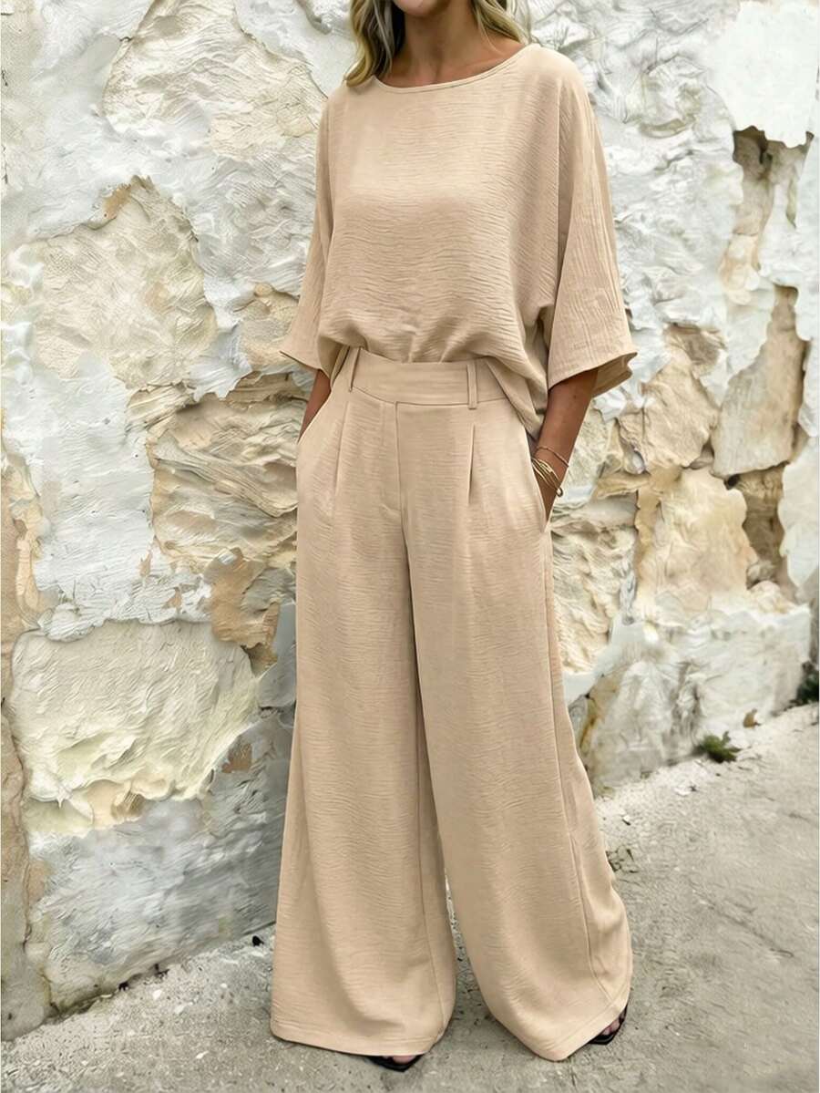 Breezaya Standard Size Women Summer Round Neck Batwing Sleeve Casual Loose Elegant Top, Loose Wide Leg Side Pocket Pants Casual Holiday 2 Pieces Set, Versatile Daily Wear - Khaki - View 1