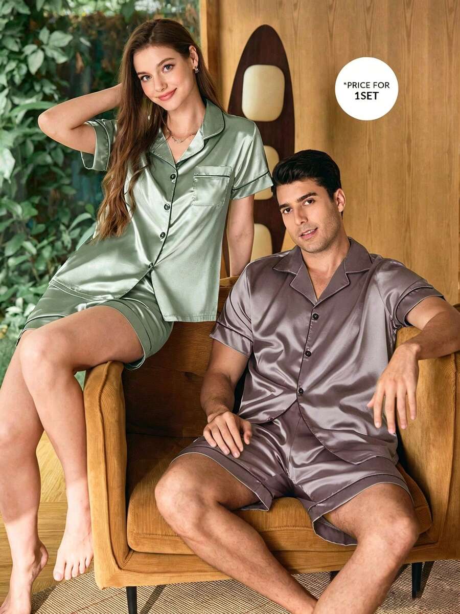 CoupledUp Men's Satin Solid Color Short Sleeve Shorts Pajama Set, Summer - Purple - View 1
