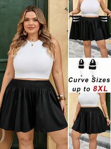 SHEIN CURVE+ 大码女式休闲纯色宽松短裤，夏季运动短裤 - 黑色 - 查看 7