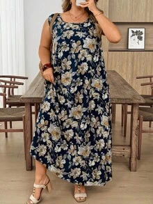 SHEIN CURVE+ 大尺碼女款無袖花卉印花洋裝，夏季、度假女裝，秋季女裝，冬季，CURVE PLUS - 彩色 - 查看 3