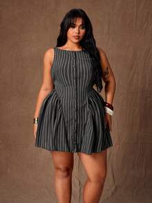 SHEIN CURVE+ Plus Size Women's Brown Striped Button Ruffle Hem Sleeveless Open Front Mini Dress, Suitable For Work, Elegant Sexy, Fashion, Formal Occasions, Spring, Summer, Outings, Vacations, Showcasing Charming Elegance, Holidays, Spring/Summer Dress - Grey - View 5