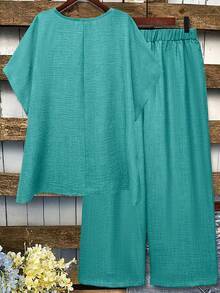 Linhara Plus Size Women 2pcs Set - Solid Color Round Neck Short Sleeve Shirt And Wide Leg Pants - Cadet Blue - View 2