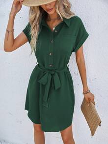 Wandoria Women's Solid Color Button Tie-Up Fashion Holiday Dress - Dark Green - View 7