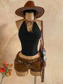 Soleia Spring/Summer New Casual Vacation Western Beach Wedding Guest Attire Graduation Brunch St. Patrick's Day Spring Break Easter Music Festival Elegant Bohemian Tropical Halter Backless Tie Strap Metal Decor Party Valentine's Date Deep V Neck Women Tank Top - Black - View 5