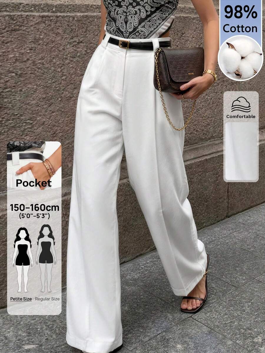 SHEIN ICON White Summer High-Waisted Straight-Leg Palazzo Pants For Women, Classy Elegant Office Attire, Business Casual Workwear, Old Money Style - White - View 1