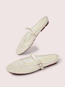 CUCCOO DOLLMOD Women's Shoes, Beige, Flower Embroidered Upper, Exposed Heel, Round Toe, Flat Bottom, Sweet, Cute, Comfortable And Casual. - Dandelion-Apricot - View 4