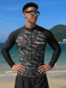 DAZY Men's Long Sleeve Patchwork Design Letter Print Rash Guard Swimwear - Multicolor - View 6
