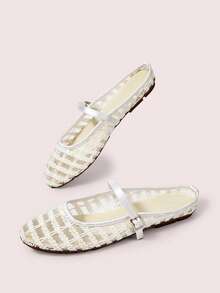 CUCCOO DOLLMOD Women's Shoes, Beige, Striped Embroidered Upper, Exposed Heel, Round Toe, Flat Bottom, Sweet, Cute, Comfortable And Casual. - Curve - White - View 4