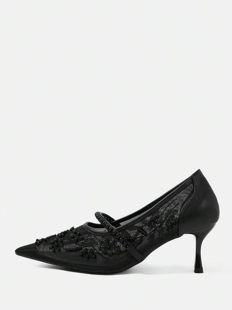 CUCCOO HITCHD Women Shoes Spring And Summer Breathable Mesh Embroidery Pearl Decoration Pointed Head Thin Heel Middle Heel Fairy Wind Light Mouth Solid Color Women's High Heel Single Shoes Banquet Dating Daily Wear Bridesmaid Shoes Wedding Shoes Dress Versatile French Niche Design Temperament