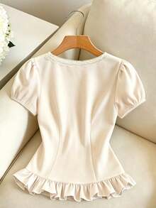 GlowEve Blusa de cuello en V con volantes para vacaciones para mujer - Albaricoque - Ver 2