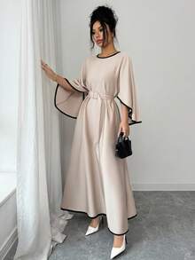 SHEIN Raffinéa Women's Elegant Refined Commuting Outing Date Dress, Batwing Sleeve Cinched Waist Long Khaki Dress, Spring/Summer - Khaki - View 3