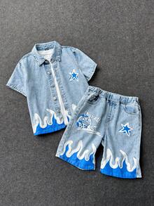 2Pcs Tween Boy Flame Star Pattern Light Blue Denim Loose-Fitting Shirt And Comfortable Denim Shorts - Blue - View 6