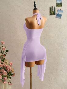 Mistrie Vestido halter con escote sexy para mujer, renacimiento Y2K, estilo dulce y picante, tela transparente, vestido con hombros descubiertos, vestido halter, diseño sexy con recortes, tela de gasa transparente, look de vacaciones, moda 2026, | Ropa, diseño asimétrico con flecos, adecuado para vestido de vacaciones en la playa - Morado - Ver 2