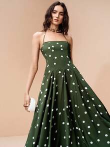 Revavyn Vintage French Romantic Vacation Style Elegant Dark Green Polka Dot Spaghetti Strap Cami Waist-Cinched Slimming Flared Heavy-Duty Patchwork Design Women's Long Dress - Multicolor - View 6