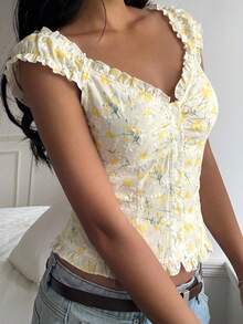 CovetEZ Women's Casual Yellow Floral Ruffle Trim Single-Breasted Shirt,Summer Top - Yellow - View 3