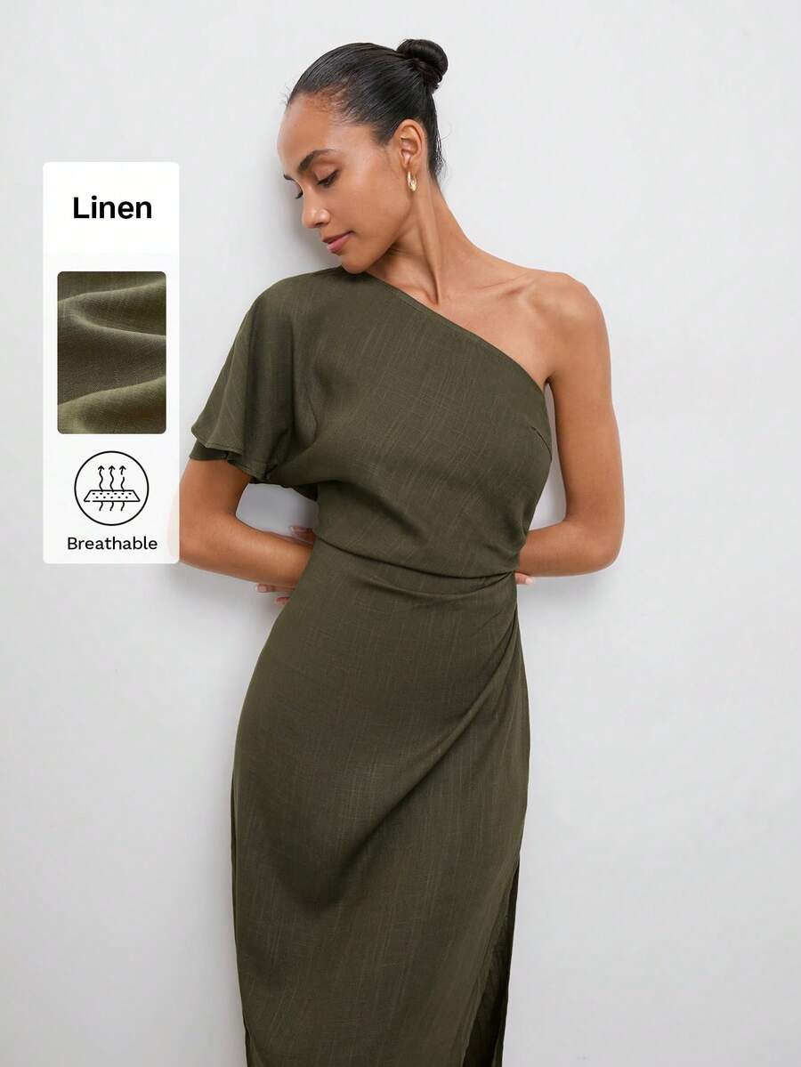 Maija Đầm lệch vai xếp ly xẻ tà đa năng dành cho nữ - xanh quân đội - Xem 1