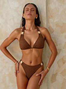 Swim Chiccia 女款夏季度假黑色極簡主義掛脖比基尼貝殼裝飾綁帶泳褲 2件式泳裝海灘套裝 - 咖啡棕 - 查看 6