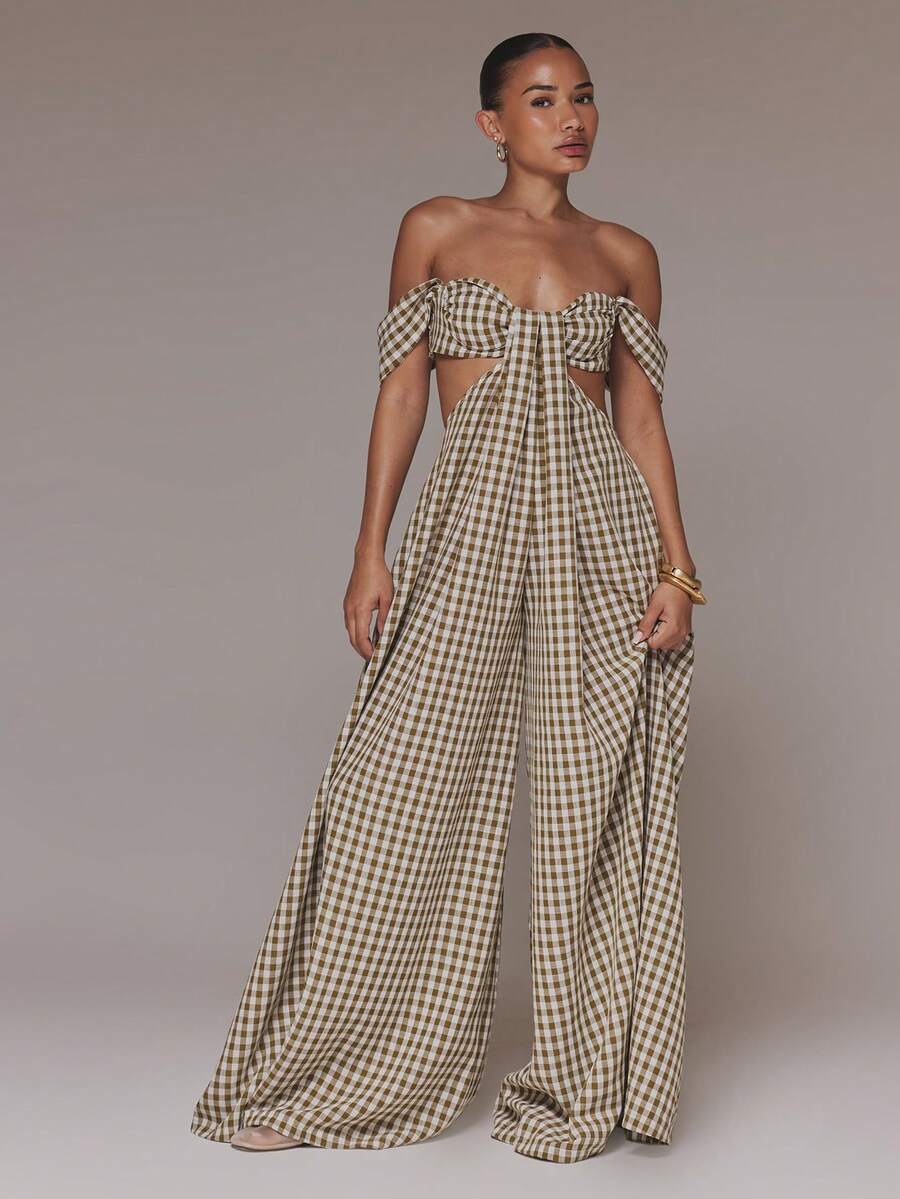 MUSERA Bộ jumpsuit playsuit họa tiết gingham cắt xẻ, xoắn trước, phong cách boho Ibiza thanh lịch, dễ thương cho mùa xuân hè, đi lễ hội, đi biển, du lịch nghỉ dưỡng - màu nâu - Xem 1
